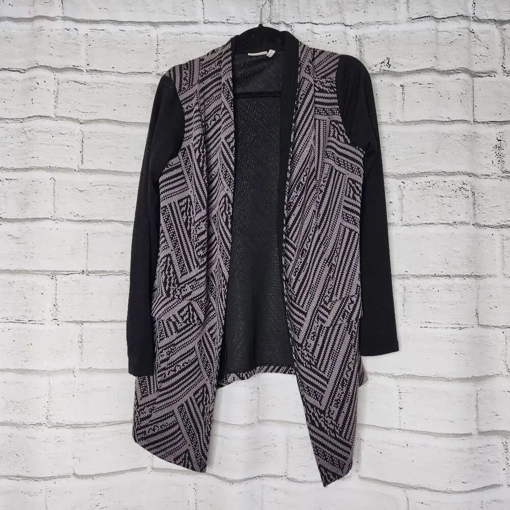 LOGO Lori Goldstein Womens Black Gray Open Front Jacquard Knit Cardigan Sz Small